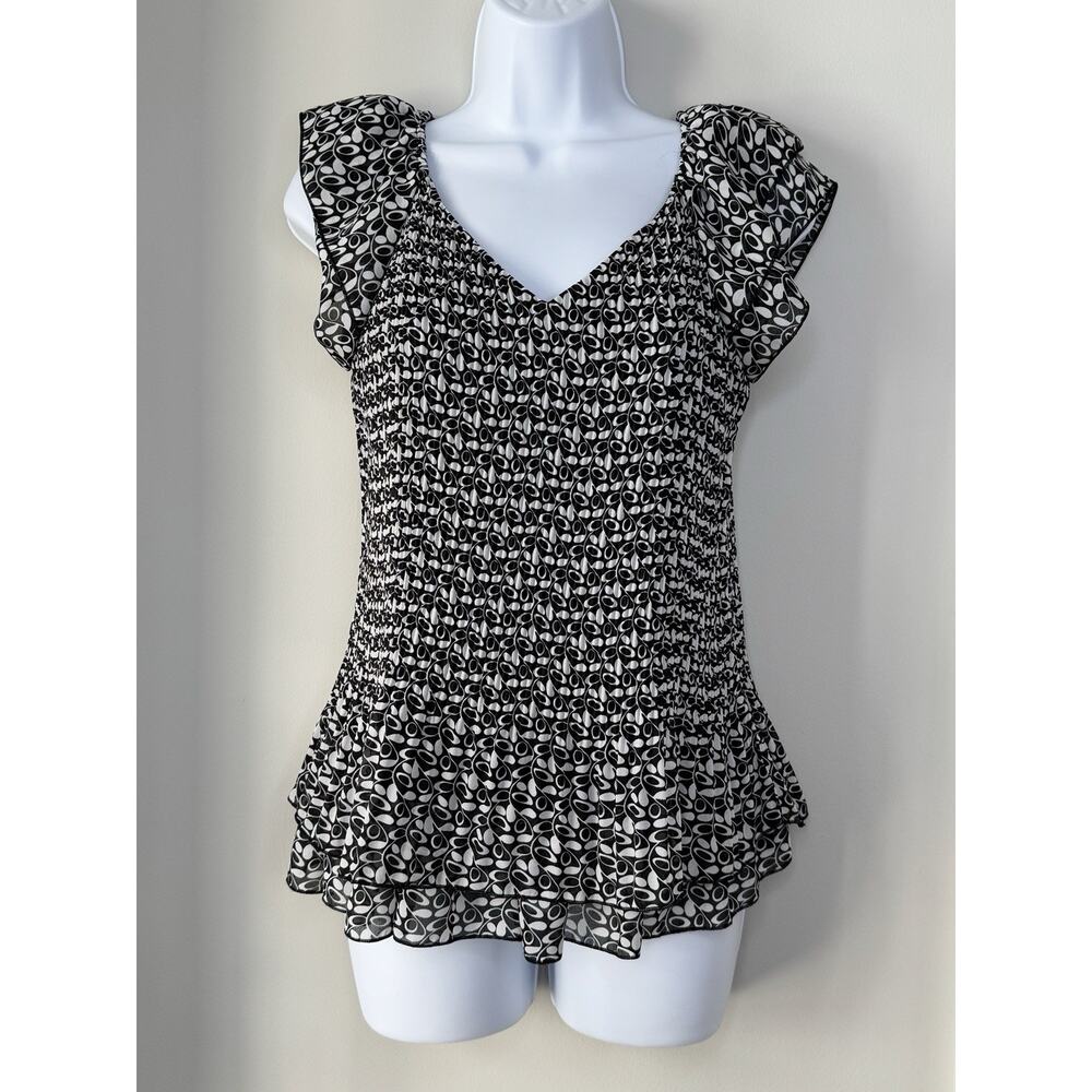 Vintage Y2K Babydoll Crinkle Top Women’s S Black White Ruffle Geometric Stretch‎